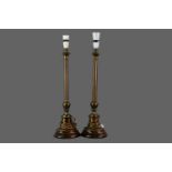 A PAIR OF BRASS CANDLESTICK TABLE LAMPS