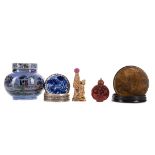 TWO EARLY 20TH CENTURY CHINESE SNUFF BOTTLES, ALONG WITH A SNUFF BOX, PILL BOX AND A COVERED JAR