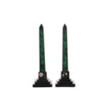 A PAIR OF VICTORIAN BLACK SLATE AND MALACHITE OBELISKS, ALONG WITH A PAIR OF CANDLESTICKS