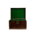 A 19TH CENTURY STAINED OAK AND BRASS BOUND DECANTER BOX