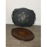 A VICTORIAN JAPANNED TEA TRAY AND ANOTHER SERVING TRAY