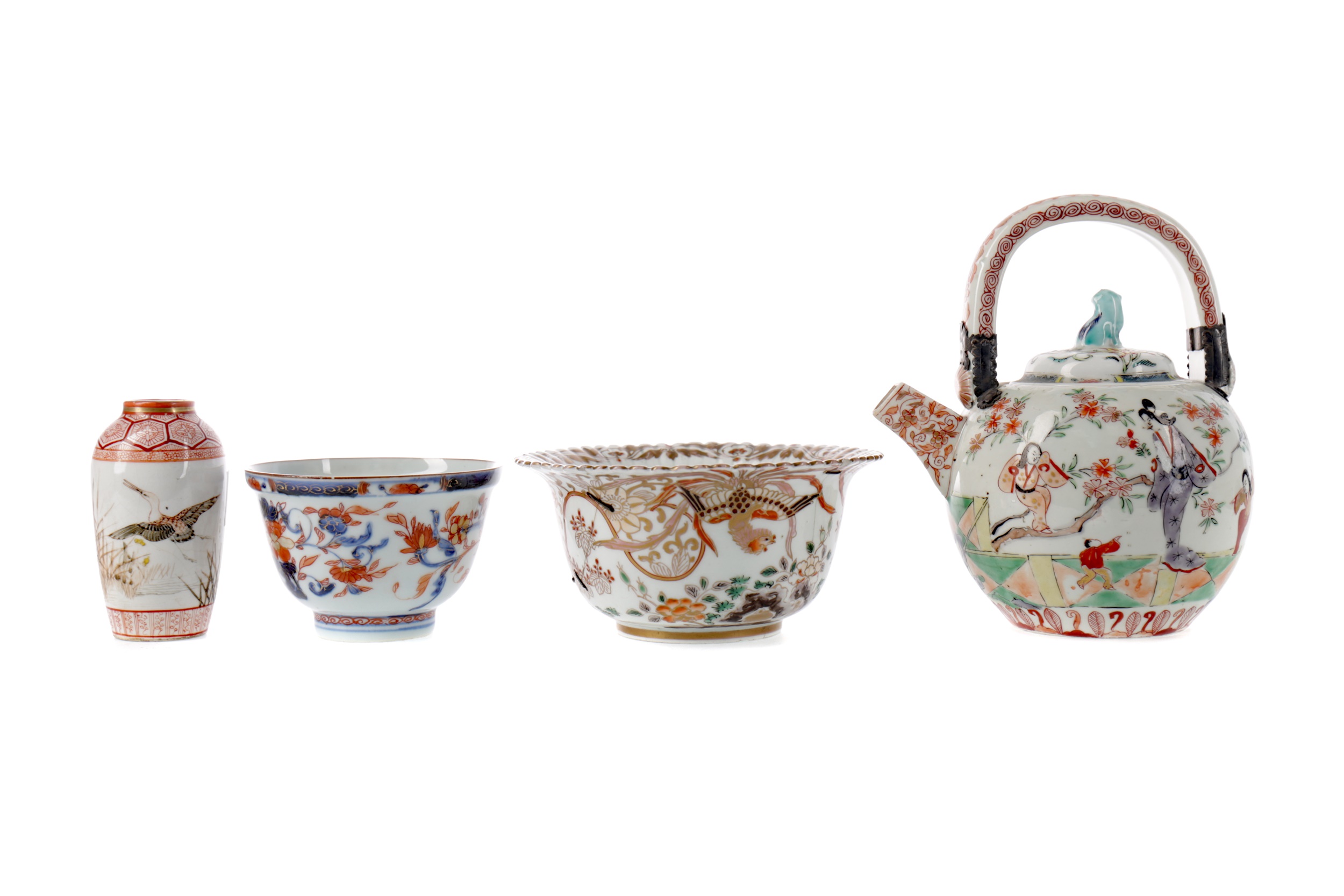 A LATE 19TH CENTURY JAPANESE KUTANI VASE, ALONG WITH THREE BOWLS AND A TEAPOT - Image 2 of 2