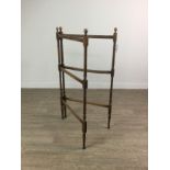 A MAHOGANY FOLDING TOWEL RAIL AND A FOLDING TABLE AND