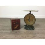 A SET OF VICTORIAN POSTAL SCALES, A JAPANNED TEA CADDY AND A LAP DESK