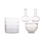A PAIR OF VICTORIAN GLASS CRUET BOTTLES, ALONG WITH A FINGER BOWL AND WINE COOLER