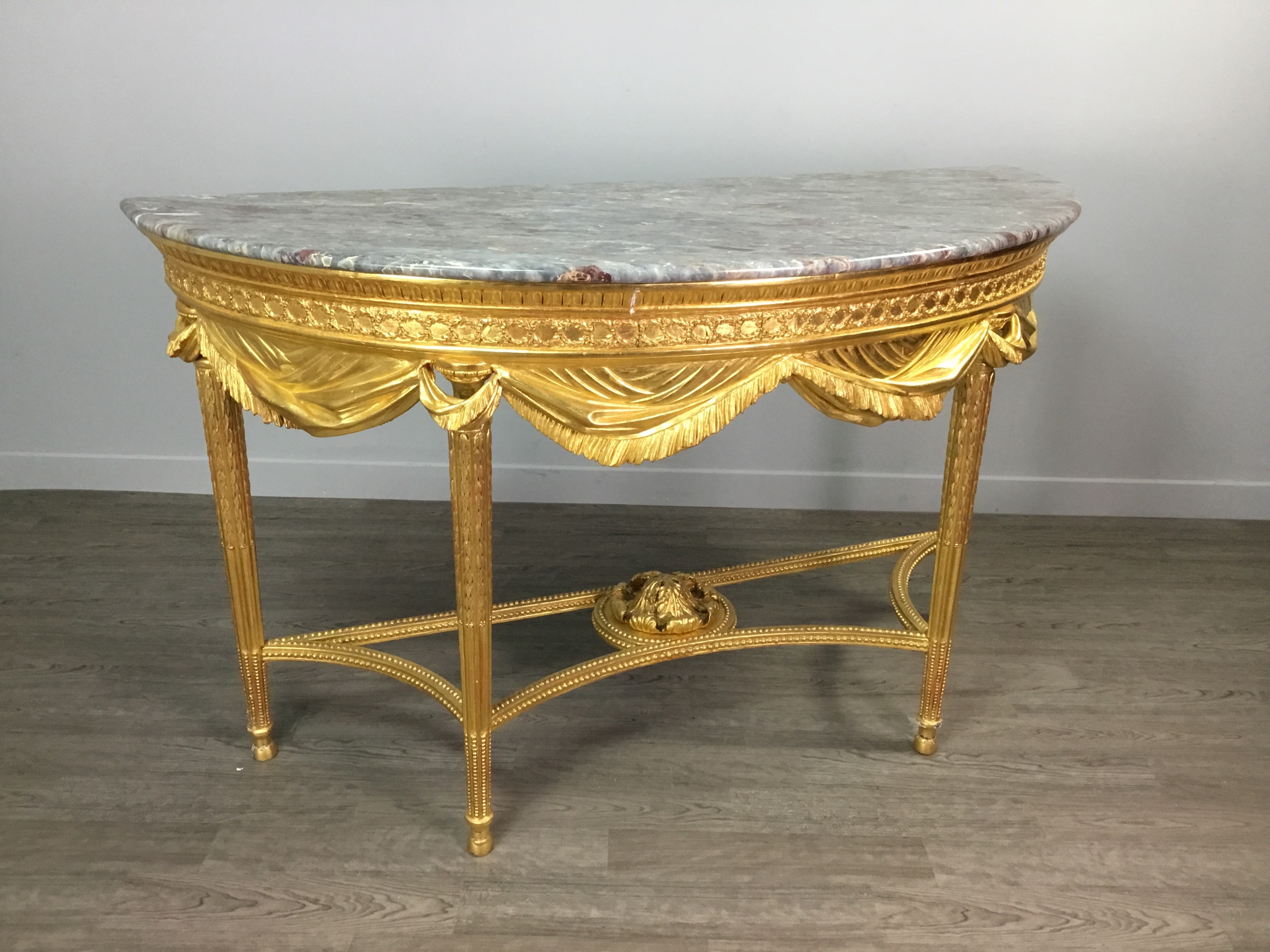 A LATE 19TH CENTURY GILTWOOD DEMI LUNE CONSOLE TABLE OF LOUIS XVI DESIGN - Image 4 of 4