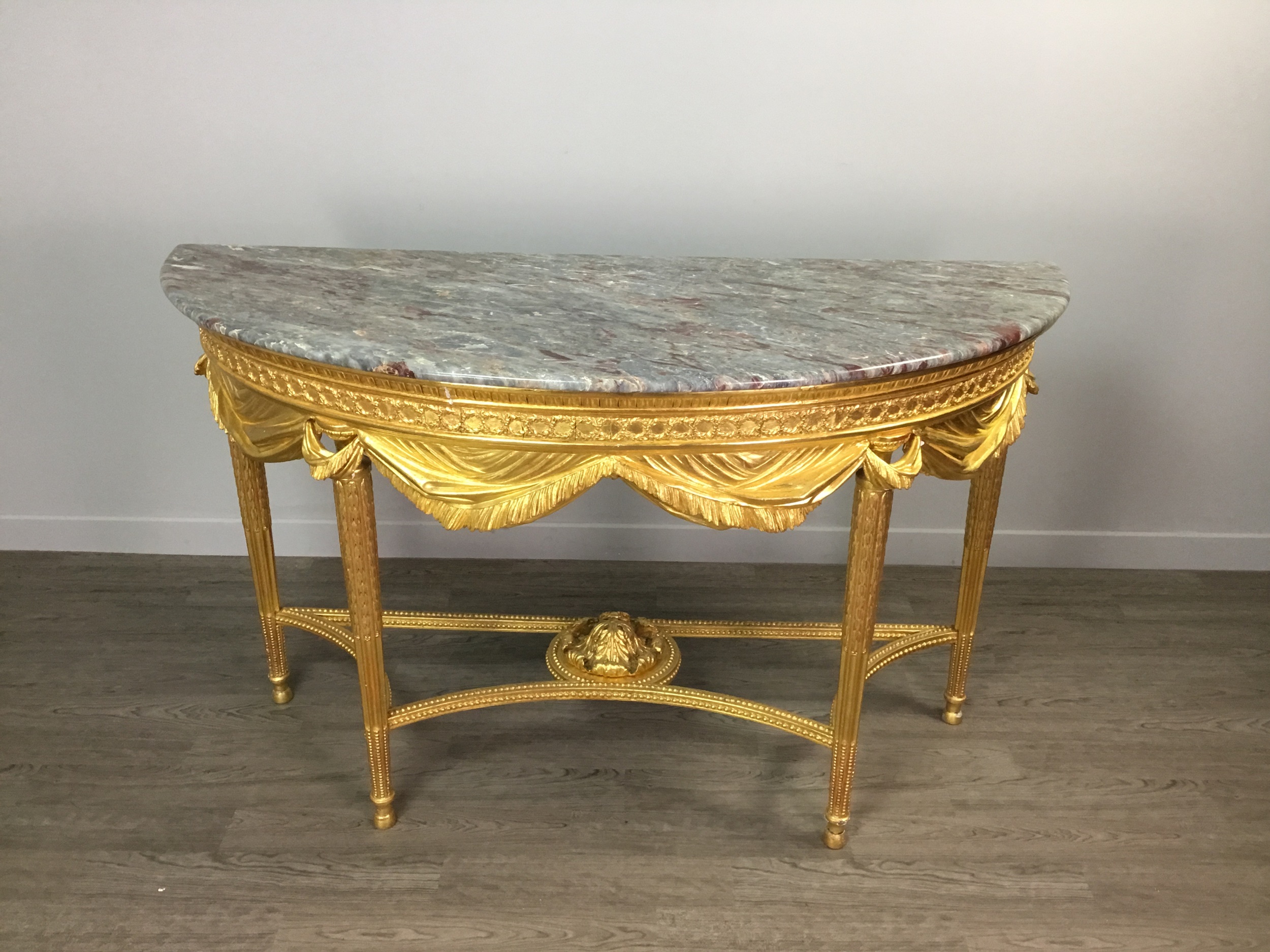 A LATE 19TH CENTURY GILTWOOD DEMI LUNE CONSOLE TABLE OF LOUIS XVI DESIGN - Image 2 of 4