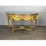A LATE 19TH CENTURY GILTWOOD DEMI LUNE CONSOLE TABLE OF LOUIS XVI DESIGN