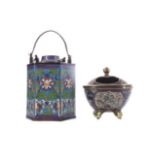 AN EARLY 20TH CENTURY CHINESE CLOISONNÉ TEAPOT AND COVER, ALONG WITH AN INCENSE BURNER