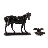 AN EARLY 20TH CENTURY BRONZED SPELTER FIGURE OF A HORSE, ALONG WITH A PIN DISH