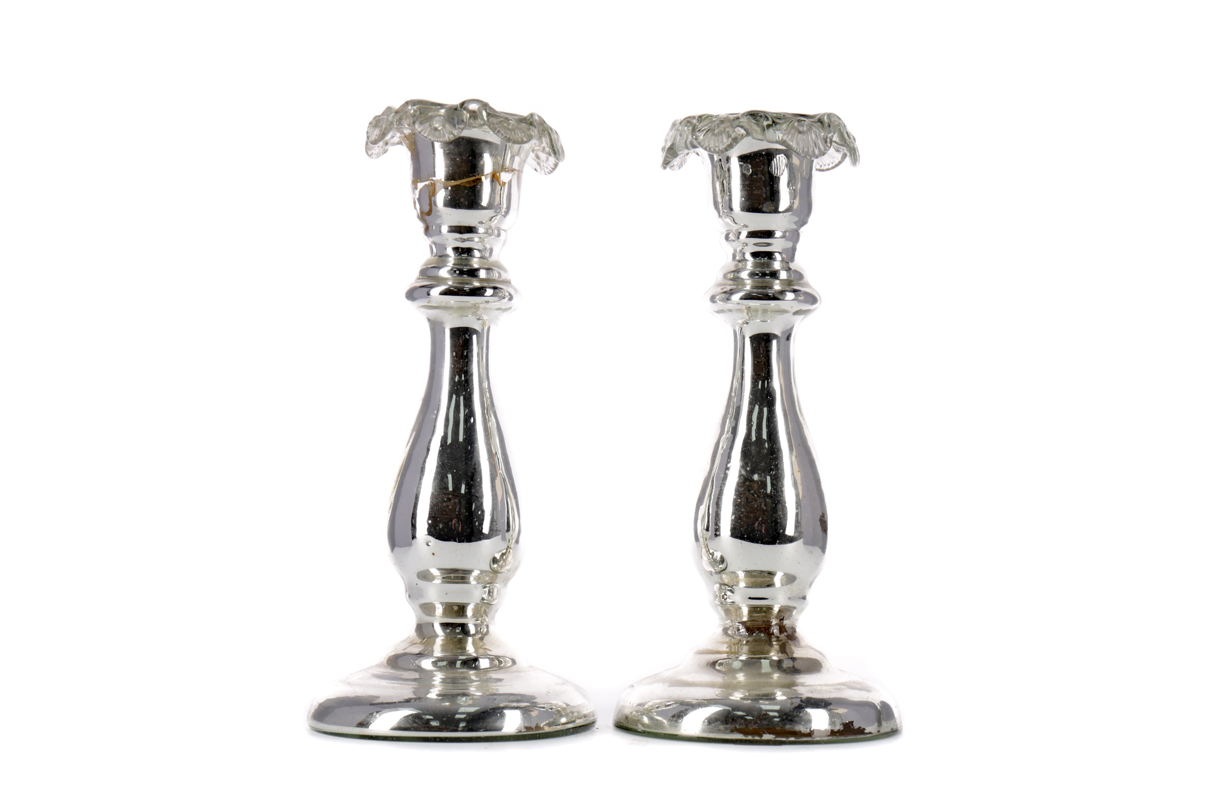 A PAIR OF LATE 19TH CENTURY SILVERED GLASS CANDLESTICKS