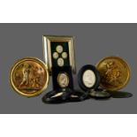 A COLLECTION OF THREE RESIN PORTRAIT MEDALLIONS AFTER JAMES TASSIE, ALONG WITH SIX OTHER PICTURES