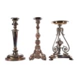 A LATE 19TH CENTURY SILVER PLATED CENTREPIECE, ALONG WITH FOUR CANDLESTICKS