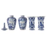 A LATE 19TH CENTURY DUTCH DELFTWARE BLUE & WHITE SOLIFLEUR VASE, ALONG WITH TWO PAIRS OF VASES