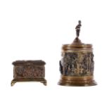 A LATE 19TH CENTURY FRENCH BRASS AND COPPER JAR AND COVER, ALONG WITH A CASKET