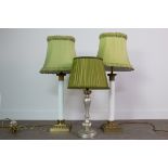 A PAIR OF OPAQUE GLASS AND BRASS CORINTHIAN PILLAR TABLE LAMPS, ALONG WITH ANOTHER TABLE LAMP