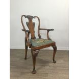 A WALNUT OPEN ELBOW CHAIR OF QUEEN ANNE DESIGN