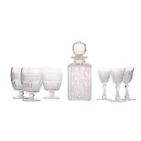 A SET OF SIX EARLY 20TH CENTURY CUT GLASS RUMMERS, ALONG WITH THREE DECANTERS, TUMBLERS AND GLASSES