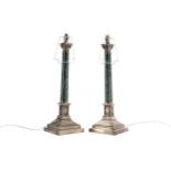 A PAIR OF EARLY 20TH CENTURY CORINTHIAN COLUMN TABLE LAMPS, ALONG WITH ANOTHER LAMP