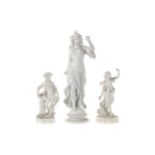 A LATE 19TH CENTURY BISCUIT PORCELAIN FIGURE OF A BELLONA ALONG WITH A PAIR OF FIGURES