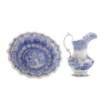 A MID-VICTORIAN STAFFORDSHIRE BLUE & WHITE EARTHENWARE WASH BASIN AND EWER