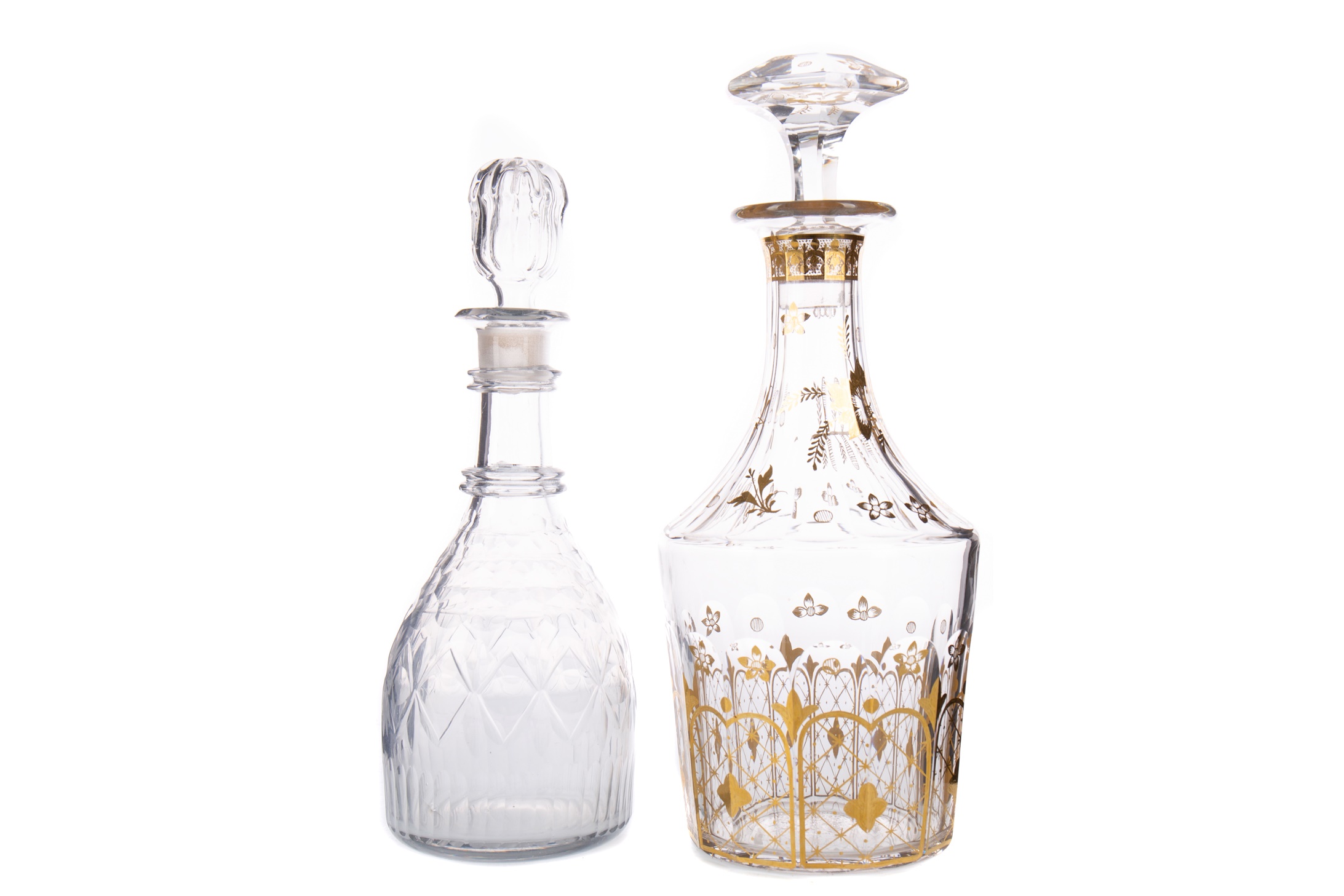 AN EARLY 20TH CENTURY CUT GLASS DECANTER, ALONG WITH ANOTHER