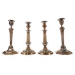 TWO PAIRS OF MID-19TH CENTURY SHEFFIELD PLATE CANDLESTICKS AND A CANDELABRUM