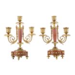 A PAIR OF LATE 19TH CENTURY ORMOLU AND ROUGE MARBLE CANDELABRA