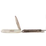 A GEORGE V SILVER AND MOTHER OF PEARL FRUIT KNIFE, A COCKTAIL STIRRER AND PROPELLING PENCIL
