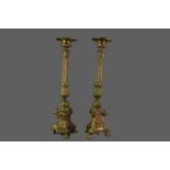 PAIR OF MID-19TH CENTURY BRASS CANDLESTICKS AND A BRASS TABLE LAMP
