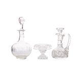 AN EARLY 19TH CENTURY CUT GLASS PEDESTAL BOWL, ALONG WITH A VINEGAR CRUET AND A DECANTER