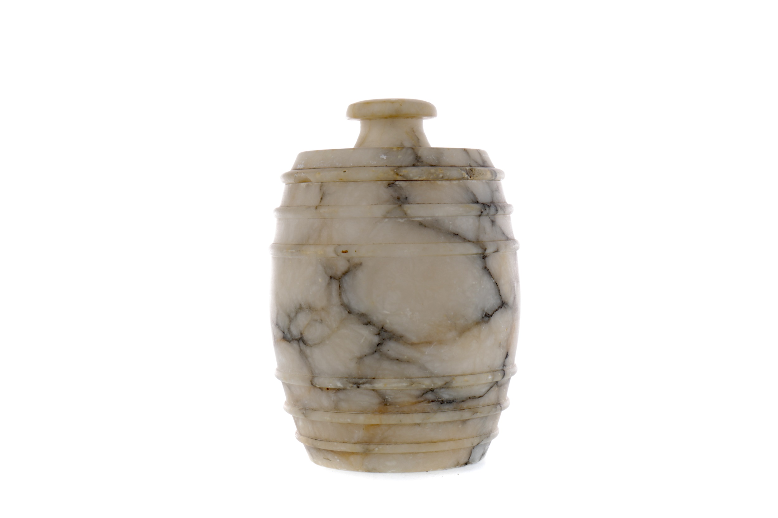 A LATE 19TH CENTURY ALABASTER BISCUIT BARREL AND COVER