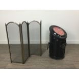 A VICTORIAN LACQUERED METAL COAL SCUTTLE AND A FOLDING FIRESCREEN