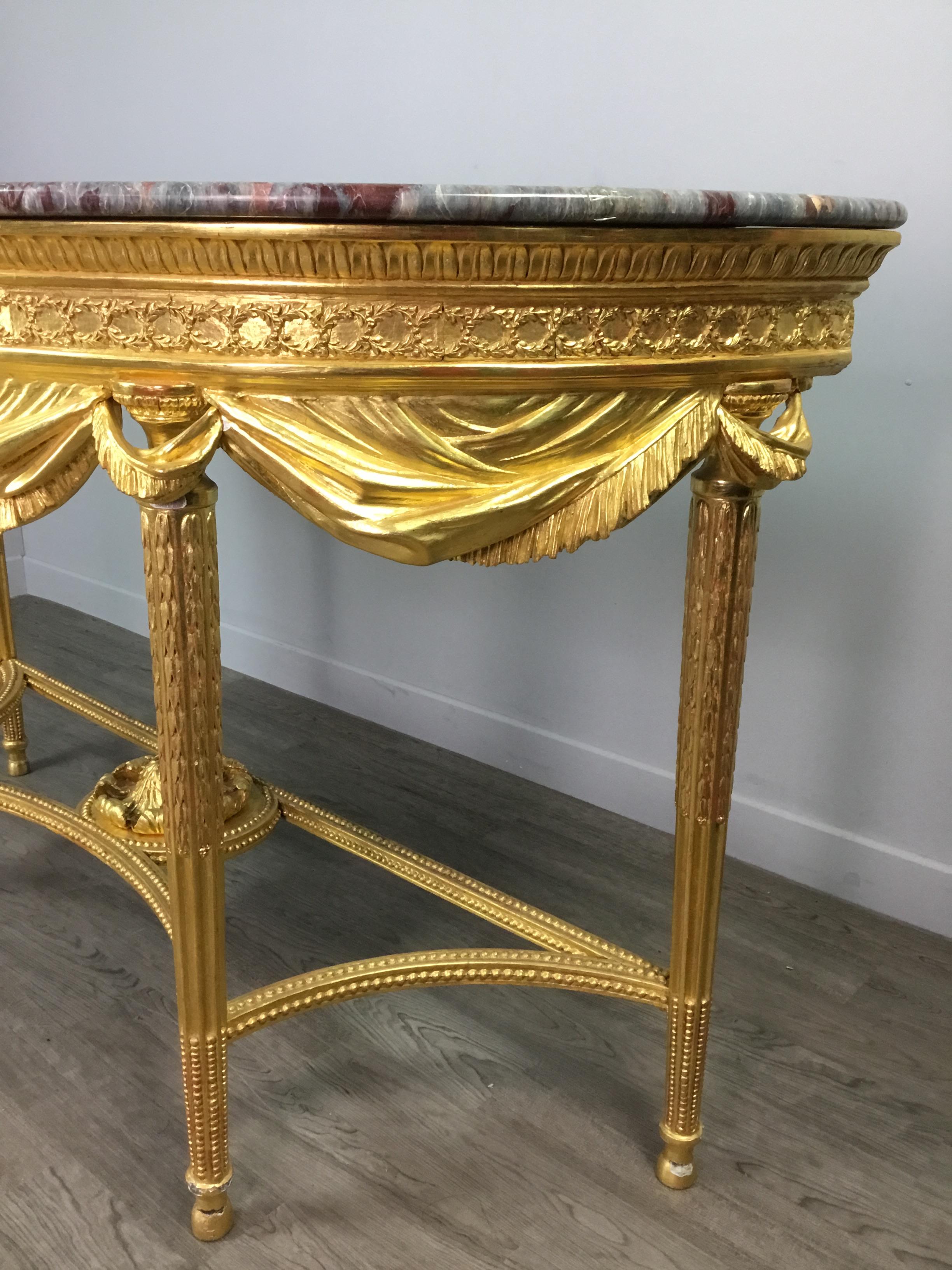 A LATE 19TH CENTURY GILTWOOD DEMI LUNE CONSOLE TABLE OF LOUIS XVI DESIGN - Image 3 of 4