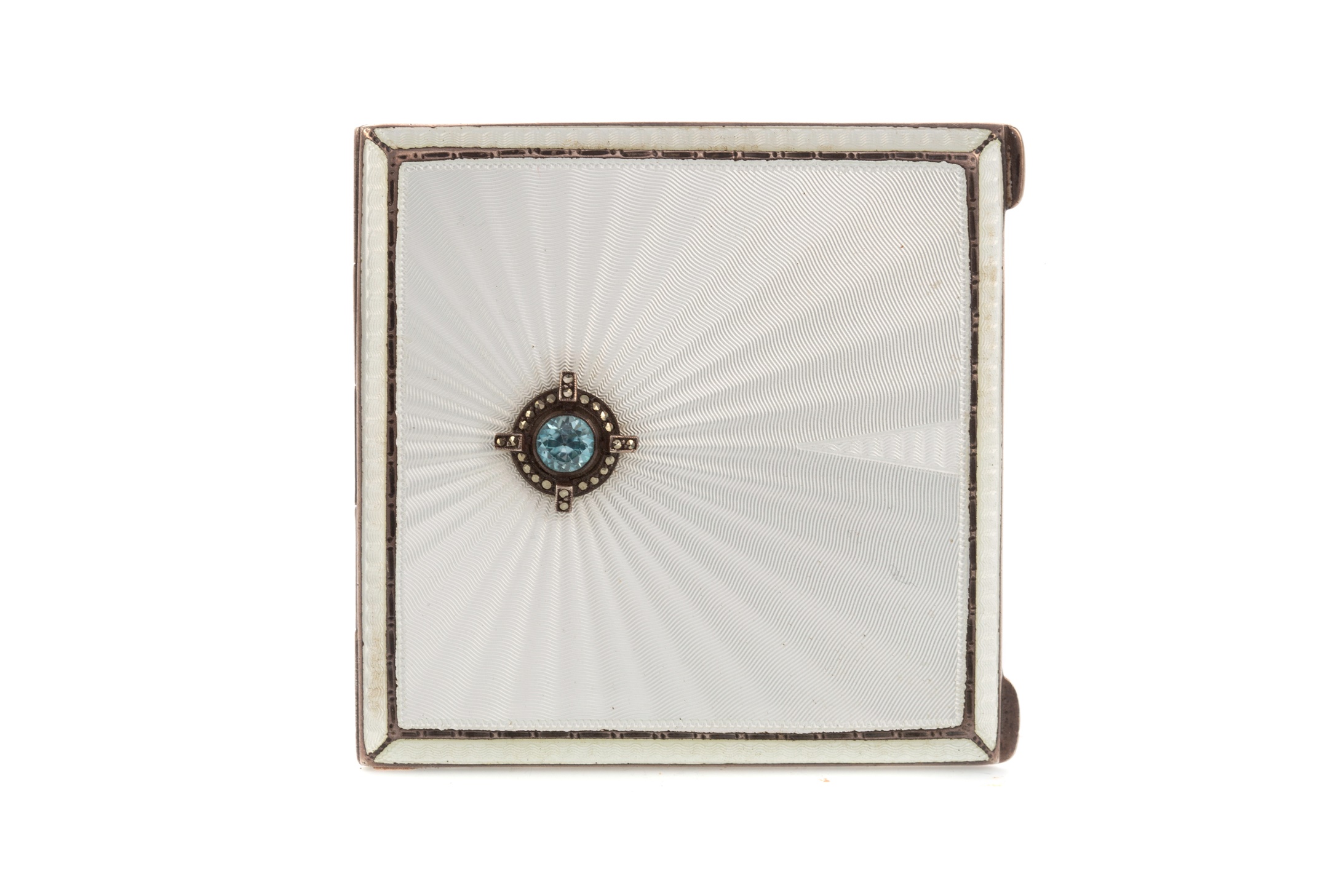 A GEORGE VI SILVER AND GUILLOCHE ENAMEL COMPACT