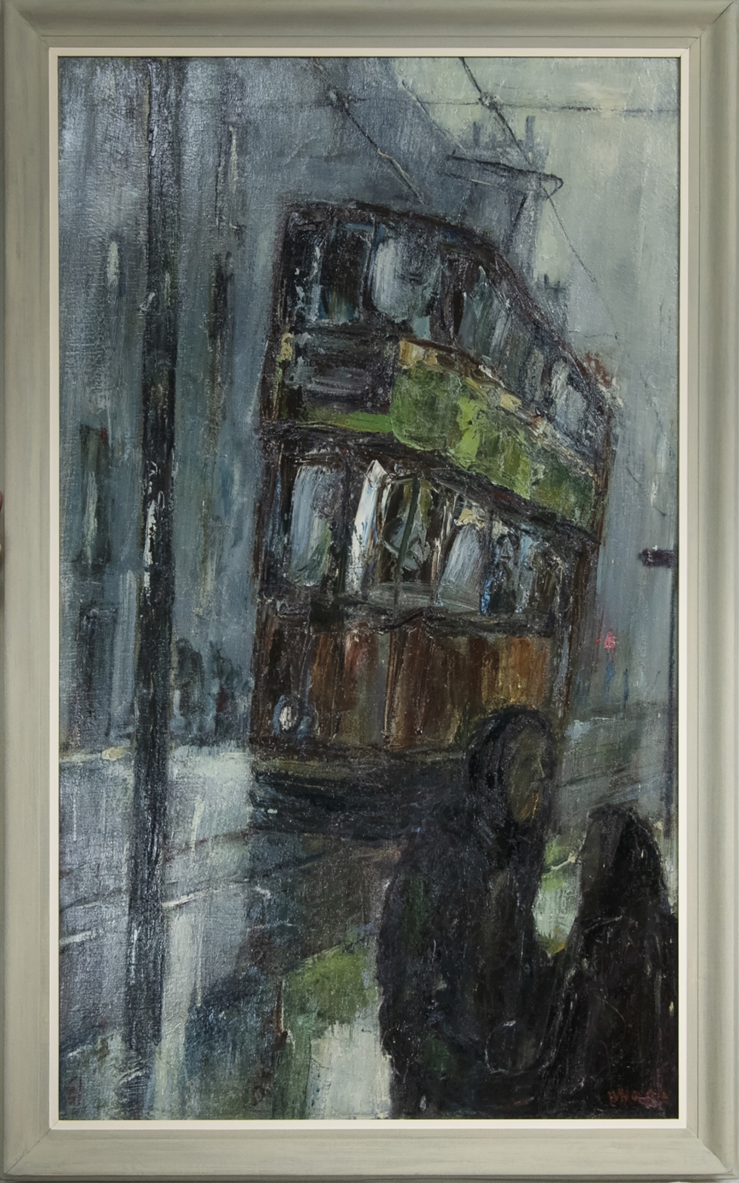 TRAM & FIGURES IN RAIN, BYRES ROAD, AN EXCEPTIONAL AND LARGE OIL BY HERBERT WHONE