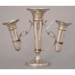 A GEORGE V SILVER TRIPLE VASE FLOWER STAND, THE FOOT ENGRAVED WITH PRESENTATION INSCRIPTION DATED