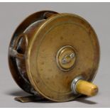 ANGLING. A VICTORIAN BRASS 3" FISHING REEL, UNMARKED AND A CUT GLASS BRASS MOUNTED INKWELL, AN