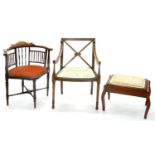 AN EDWARDIAN INLAID MAHOGANY CORNER CHAIR, A CONTEMPORARY MAHOGANY AND SATINWOOD BANDED ELBOW CHAIR,