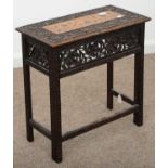 AN INDIAN CARVED AND BRASS INLAID FOLDING TABLE,  EARLY 20TH C, THE FOLDING TOP 28 X 54CM, 57CM H