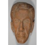 MODERN BRITISH SCHOOL - A LIFE SIZED CARVED WOOD PORTRAIT HEAD OF A MAN, 31CM H Dusty/dirty,