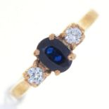 A SAPPHIRE DIAMOND AND WHITE STONE THREE STONE  RING, IN 9CT GOLD, LONDON  1982, 1.9G,  SIZE K