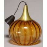 AN AMBER GLASS AND BRASS OXIDISED SPUN METAL HANGING LIGHT, PROBABLY 1970S, 36CM H Good condition