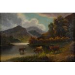 BRITISH SCHOOL, LATE 19TH C -  HIGHLAND CATTLE;  RIVER LANDSCAPE, A PAIR, OIL ON CANVAS, 39 X