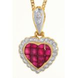 A RUBY AND DIAMOND PENDANT OF HEART SHAPE WITH DIAMOND LOOP, IN GOLD MARKED 750, 20MM OVERALL AND