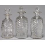 ONE AND PAIR OF VICTORIAN CUT GLASS  BARREL DECANTERS AND STOPPERS, C1840, 20CM Good condition