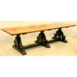 AN OAK REFECTORY TABLE, IN 16TH C ENGLISH STYLE, 20TH C, THE MASSIVE TWO PLANK TOP WITH CLEATED