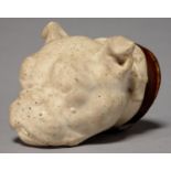 AN UNUSUAL PARIAN TOBACCO JAR IN THE FORM OF THE HEAD OF A BULLDOG, LATE 19TH C, LEATHER COLLAR