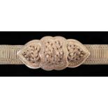 A SILVER WAIST BELT AND REPOUSSE CLASP, POSSIBLY STRAITS, EARLY 20TH C, 87CM L, UNMARKED, 30OZS Good