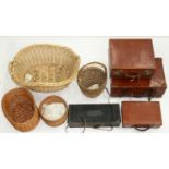 VARIOUS LEATHER SUITCASES AND WICKER BASKETS, ETC